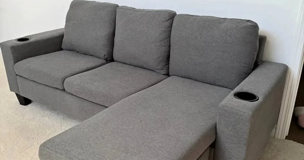 Grey L-Shaped Sectional Sofa with Cup Holders