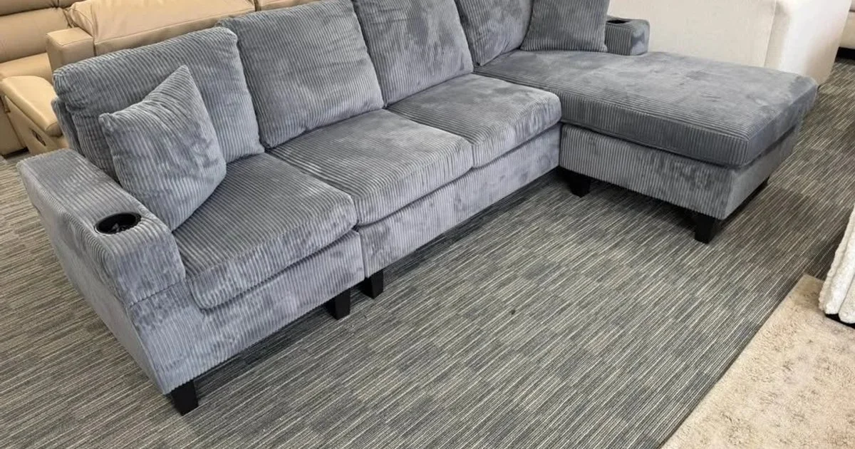 Grey Corduroy 4 Seater Sectional Corner Sofa For Sale