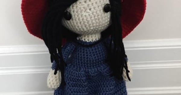 Handmade Crochet Asian Doll with Red Hat & Blue Dress